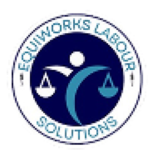 Equiworks Labour Solutions logo: Scales of justice, person icon, labor solutions, recruitment, staffing services.