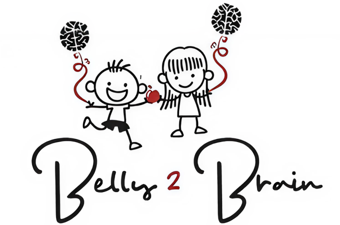 Belly 2 Brain logo: Cartoon kids holding apple and brain balloons. Conceptual image for gut-brain connection and health.